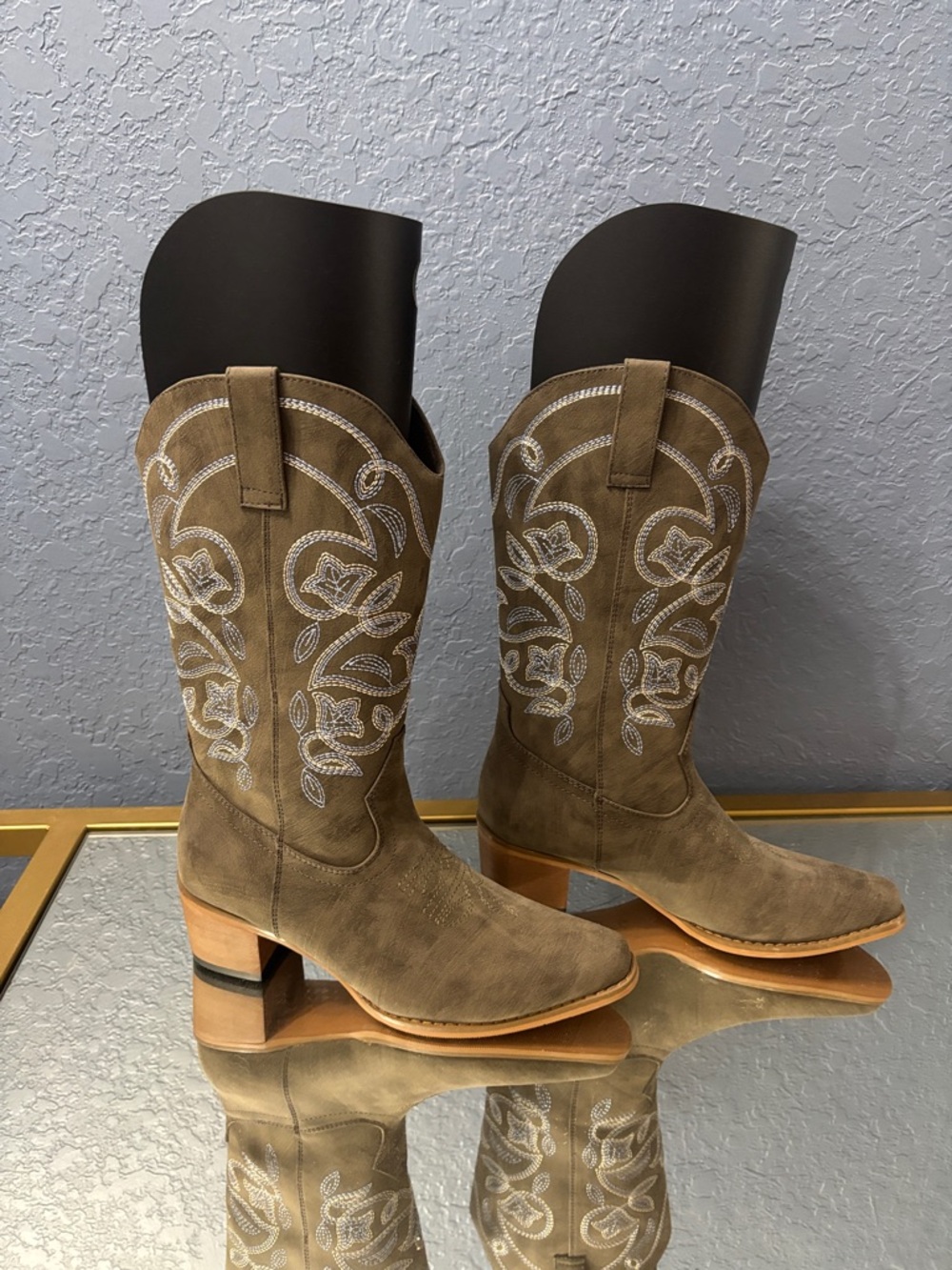Taupe Embroidered Women's Western Heeled Boots - Picture 2 of 5